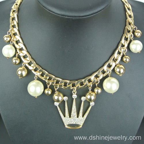 Rhinestone Crown Pearl Choker Gold Chain Necklace For Women